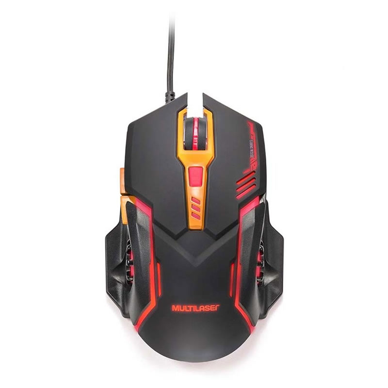 Mouse gamer Multilaser 2400DPI 6 botões preto com laranja - MO270