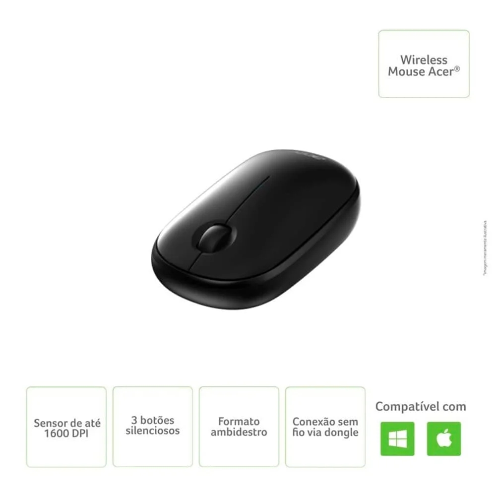 Mouse Acer Amr100, Sem Fio, Ergonômico, 1600 Dpi Preto - Imagem 3
